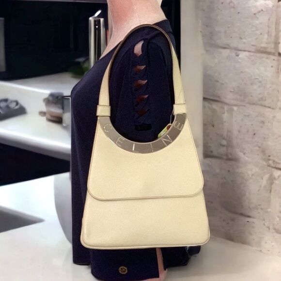 CELINE OFF WHITE LEATHER SHOULDER HOBO TOTE HAND BAG - Picture 6 of 12